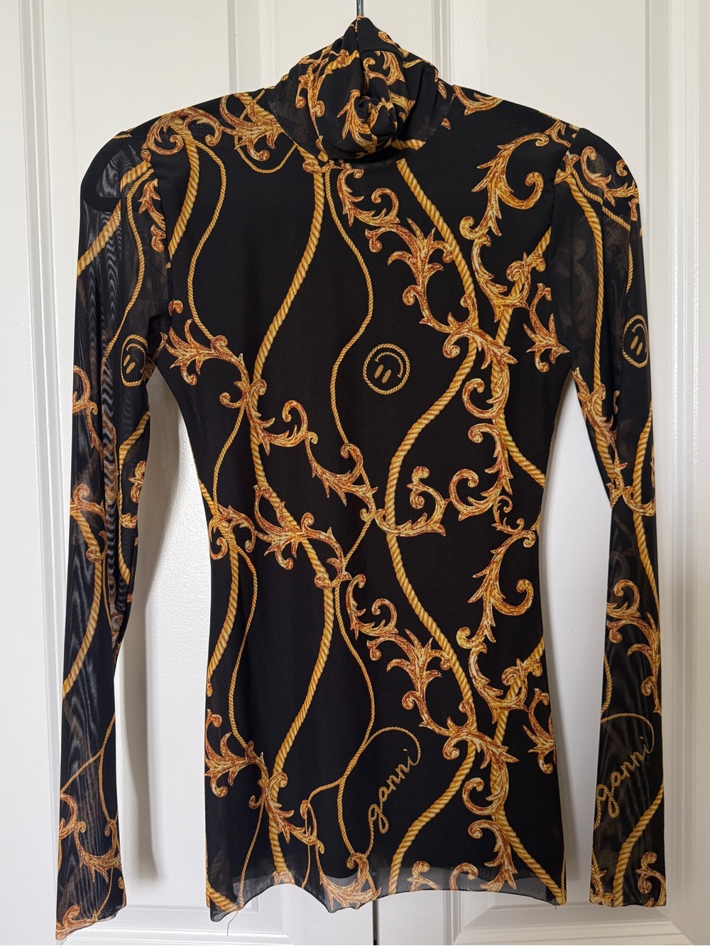 Ganni Black Mesh Turtleneck with Gold Baroque Print